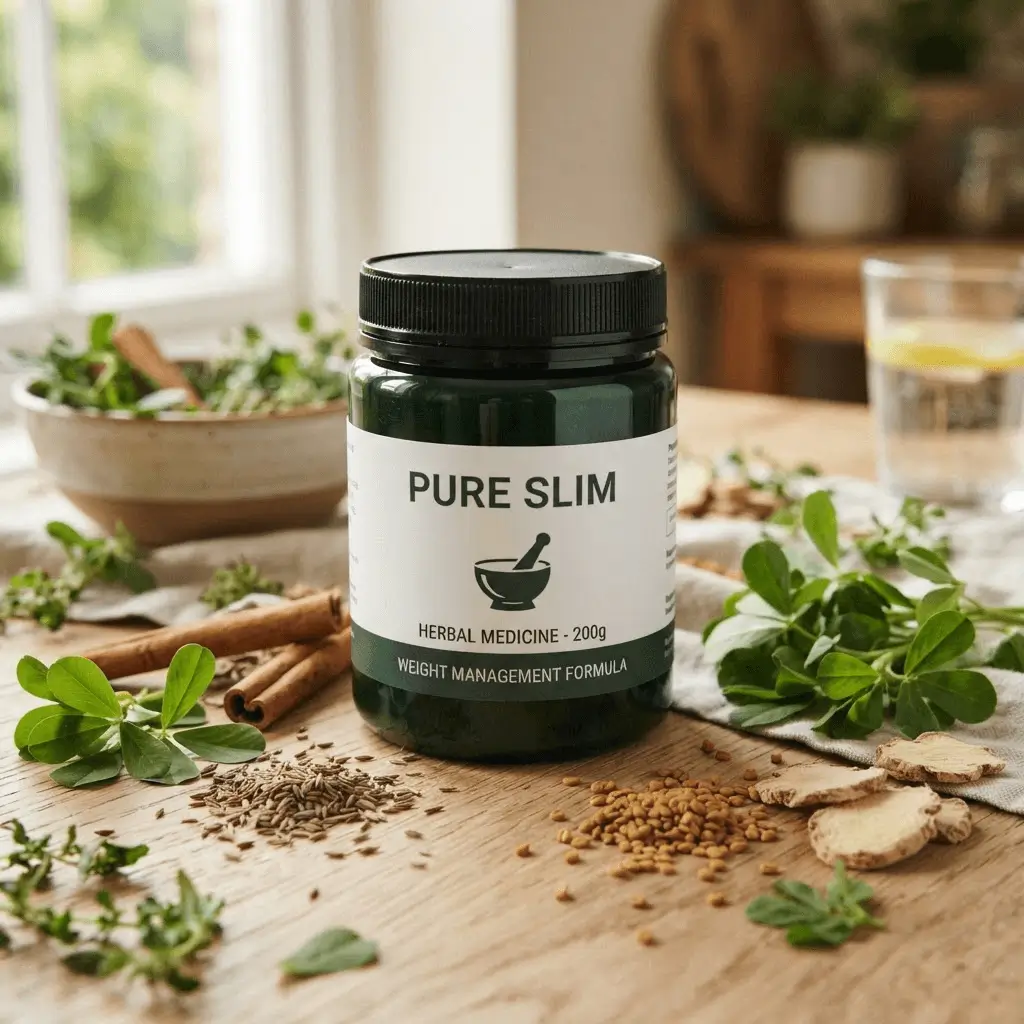 Pure Slim herbal weight loss medicine jar surrounded by natural herbs